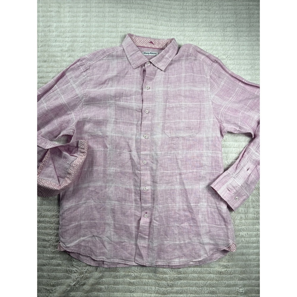 Tommy‎ Bahama Men Large Ventana Plaid 100% Linen Shirt  Pink Coastal Preppy EUC